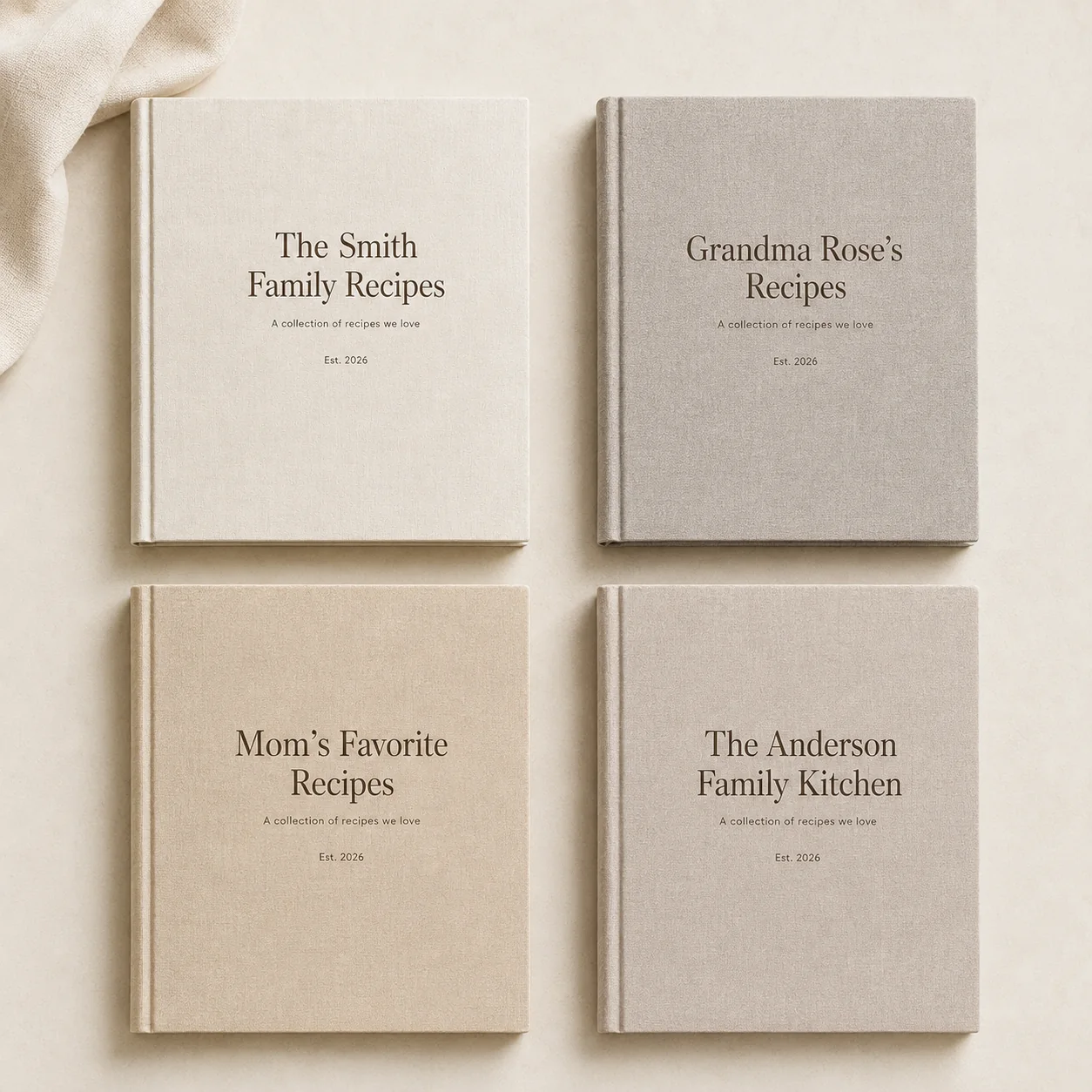 Four personalized recipe book covers: The Smith Family Recipes, Grandma Rose’s Recipes, Mom’s Favorite Recipes, and The Anderson Family Kitchen