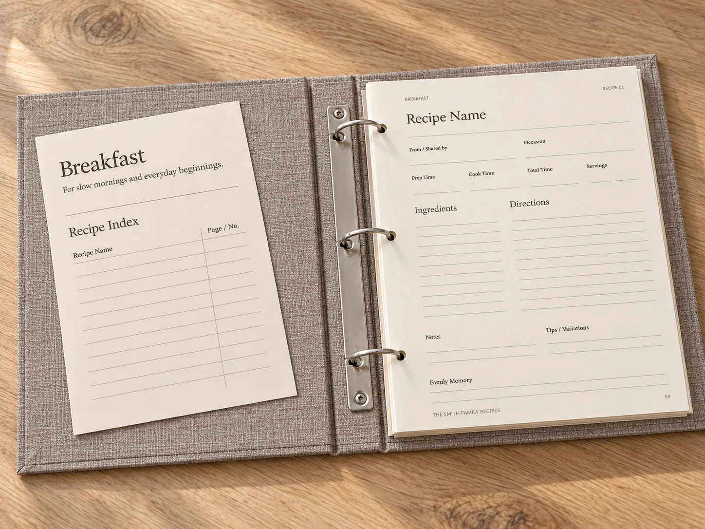 Open recipe binder mockup showing recipe index, ingredients, directions, notes, tips, and Family Memory areas